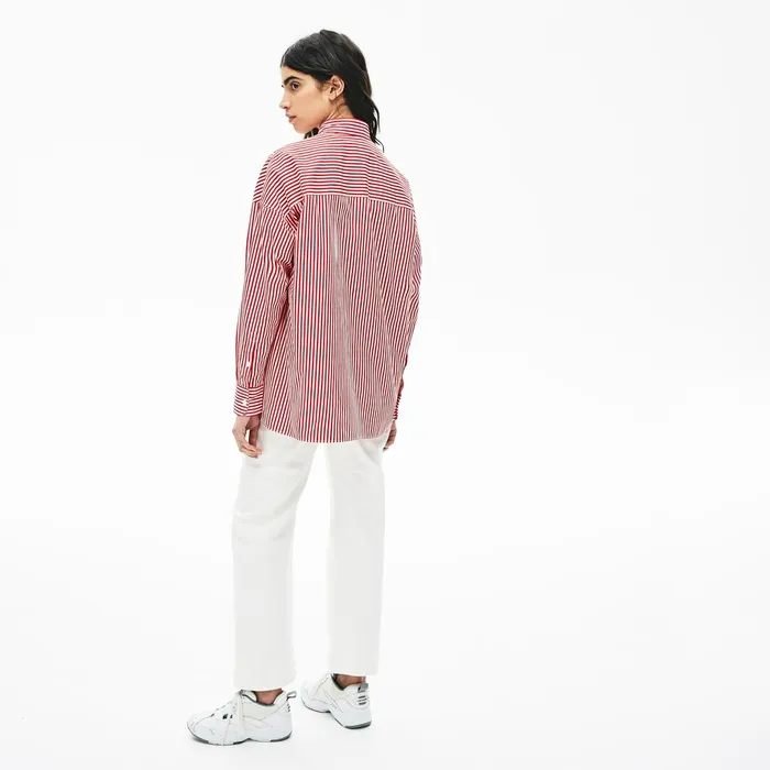 Shirts and Tops Lacoste Womens LIVE BoxyFit Striped Cotton Shirt WhiteRed For Sale Online