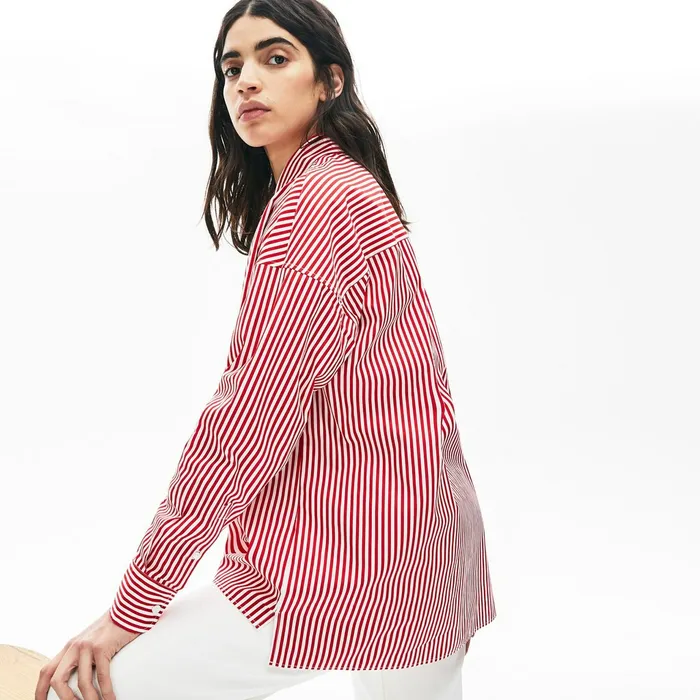 Shirts and Tops Lacoste Womens LIVE BoxyFit Striped Cotton Shirt WhiteRed For Sale Online