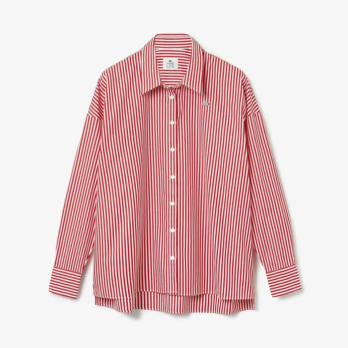 Shirts and Tops Lacoste Womens LIVE BoxyFit Striped Cotton Shirt WhiteRed For Sale Online