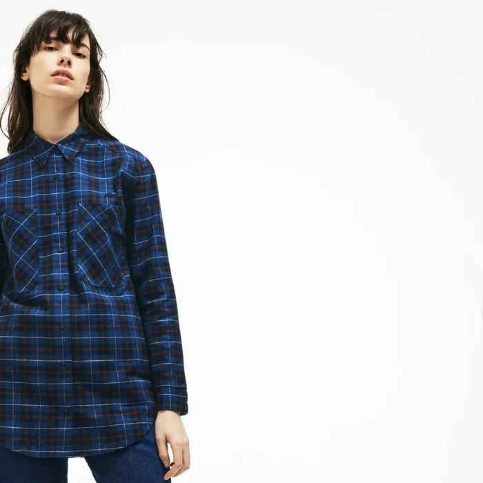 Shirts and Tops Lacoste Womens Slim Fit Stretch Check Cotton Canvas Shirt Navy BlueBlue Online Store