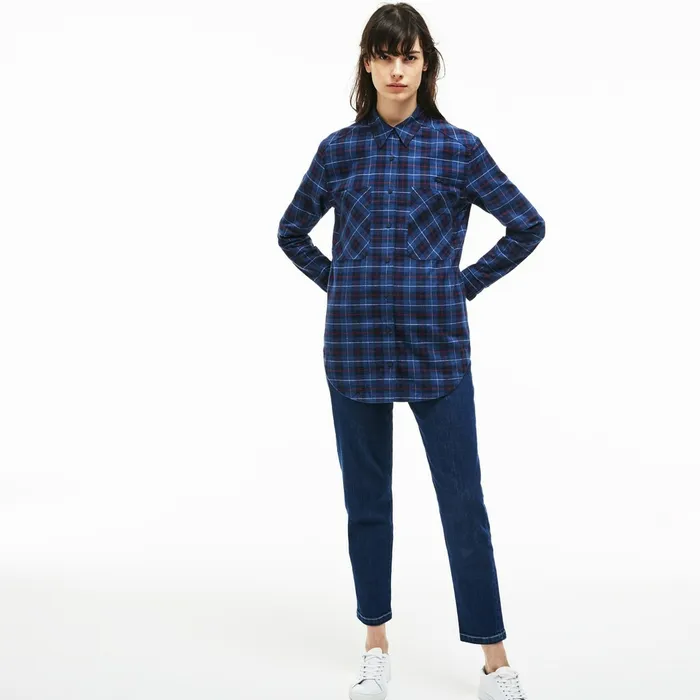Shirts and Tops Lacoste Womens Slim Fit Stretch Check Cotton Canvas Shirt Navy BlueBlue Online Store