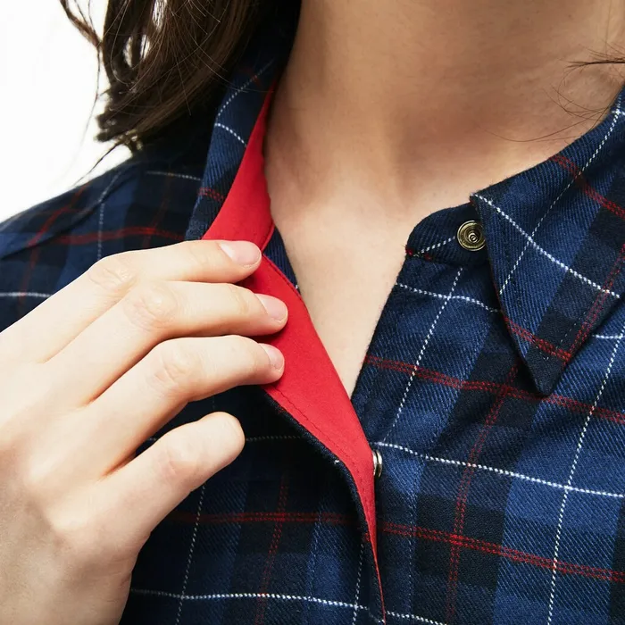 Shirts and Tops Lacoste Womens Slim Fit Stretch Check Cotton Canvas Shirt Navy BlueBlue Online Store