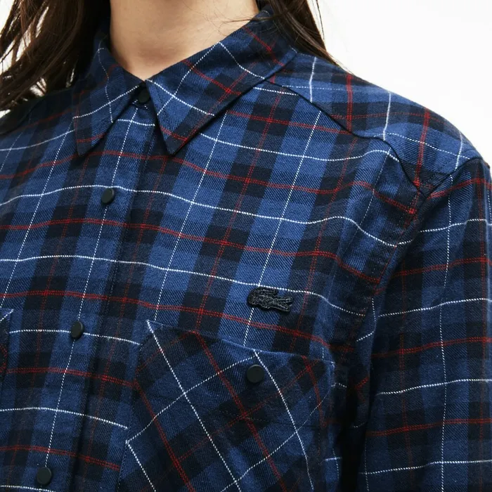 Shirts and Tops Lacoste Womens Slim Fit Stretch Check Cotton Canvas Shirt Navy BlueBlue Online Store