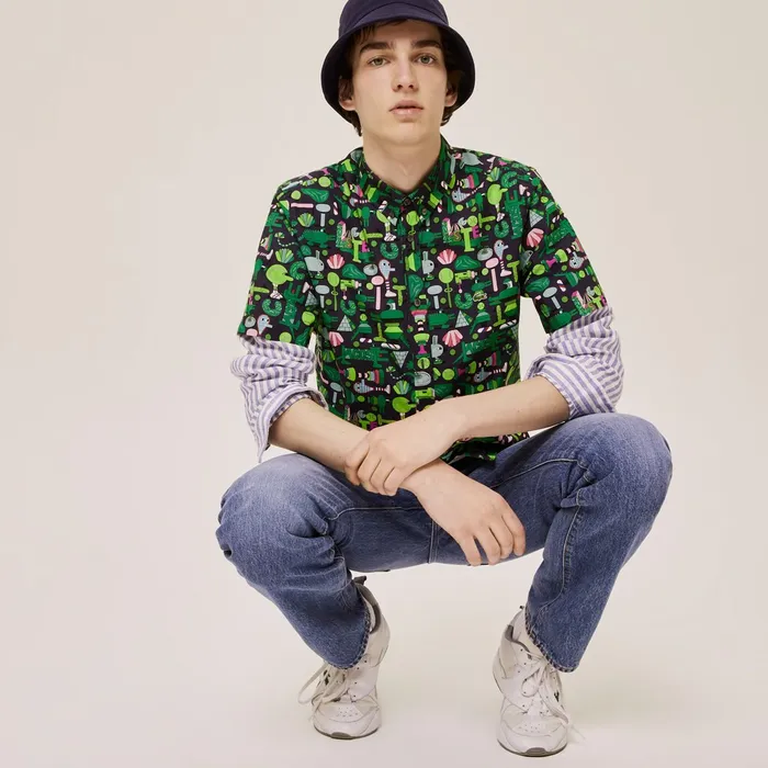 Shirts and Tops Lacoste Womens Unisex x Jeremyville Regular Fit Cotton Shirt Navy BlueWhite Outlet Factory