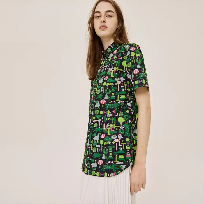 Shirts and Tops Lacoste Womens Unisex x Jeremyville Regular Fit Cotton Shirt Navy BlueWhite Outlet Factory