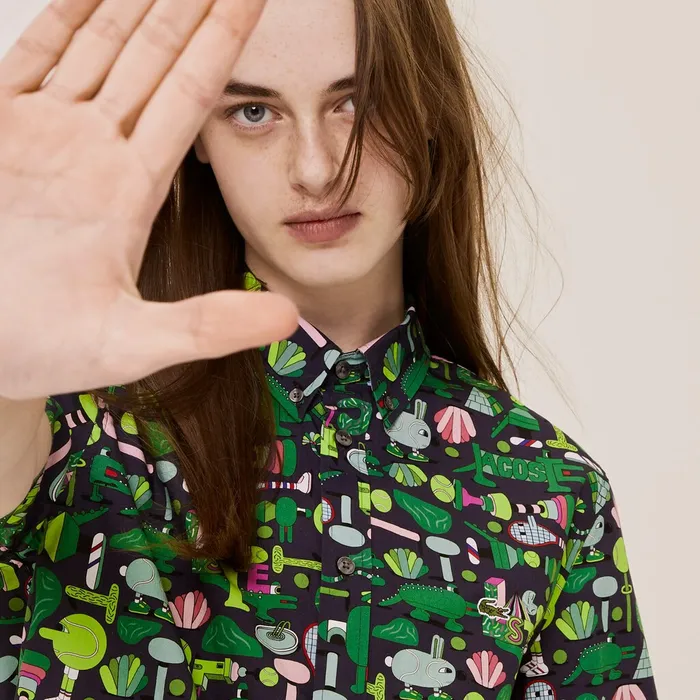Shirts and Tops Lacoste Womens Unisex x Jeremyville Regular Fit Cotton Shirt Navy BlueWhite Outlet Factory