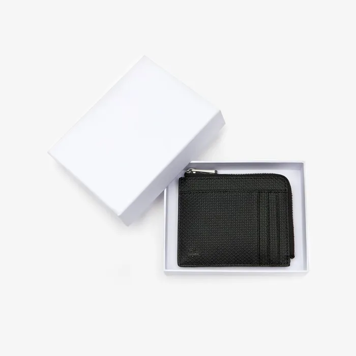Small Leather Goods Lacoste Mens Chantaco Matte Piqu Leather Zip 4 Card Holder Black Gift Ideas