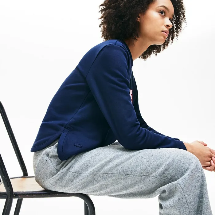 Sweaters and Sweatshirts Lacoste Womens Crewneck 3DLettering Cotton Blend Fleece Sweatshirt Navy Blue Store