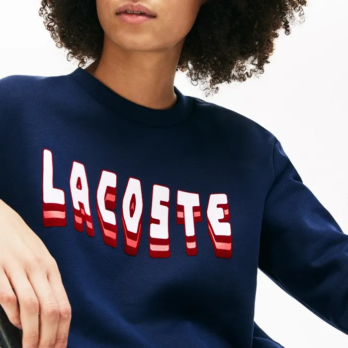 Sweaters and Sweatshirts Lacoste Womens Crewneck 3DLettering Cotton Blend Fleece Sweatshirt Navy Blue Store