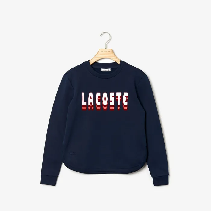 Sweaters and Sweatshirts Lacoste Womens Crewneck 3DLettering Cotton Blend Fleece Sweatshirt Navy Blue Store
