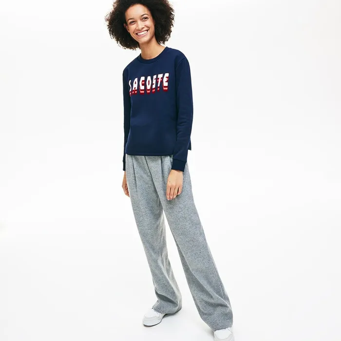 Sweaters and Sweatshirts Lacoste Womens Crewneck 3DLettering Cotton Blend Fleece Sweatshirt Navy Blue Store