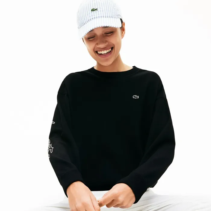 Sweaters and Sweatshirts Lacoste Womens LIVE 3D Signature Cotton Crewneck Sweater Black Gift for Friend
