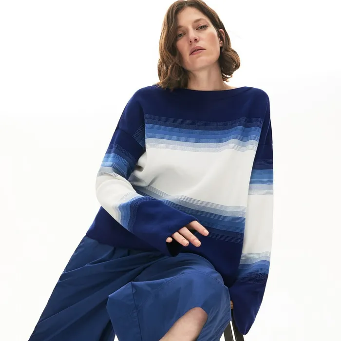 Sweaters and Sweatshirts Lacoste Womens Made in France Organic Loose Fit OmbrStripe Sweater Navy BlueBlueWhite Online Store Sweaters and Sweatshirts Lacoste Womens Made in France Organic Loose Fit OmbrStripe Sweater Navy BlueBlueWhite Online Store