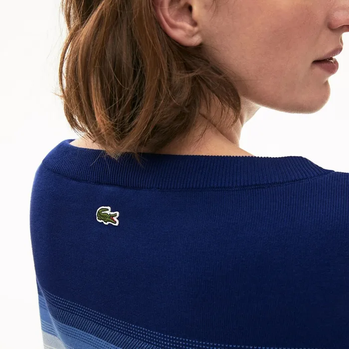 Sweaters and Sweatshirts Lacoste Womens Made in France Organic Loose Fit OmbrStripe Sweater Navy BlueBlueWhite Online Store