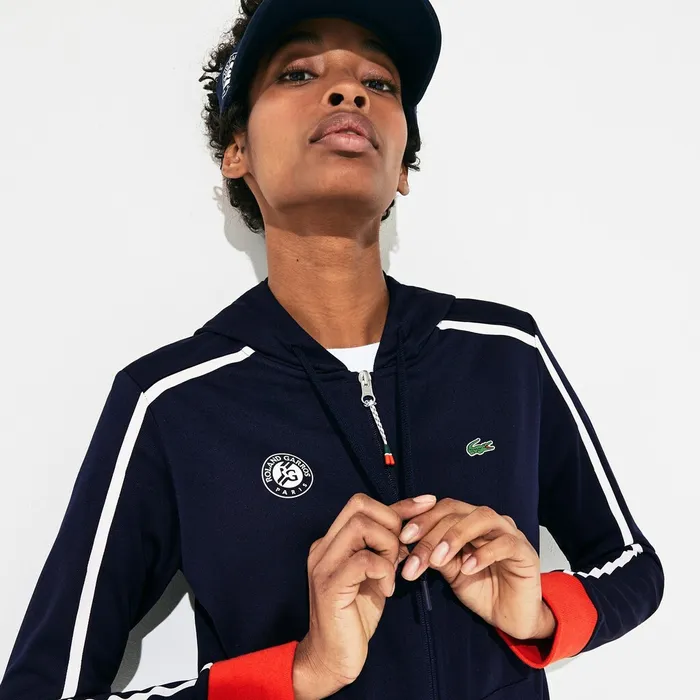 Sweaters and Sweatshirts Lacoste Womens SPORT Roland Garros Hooded ZipUp Jacket Navy BlueWhiteRedGreen Casaul