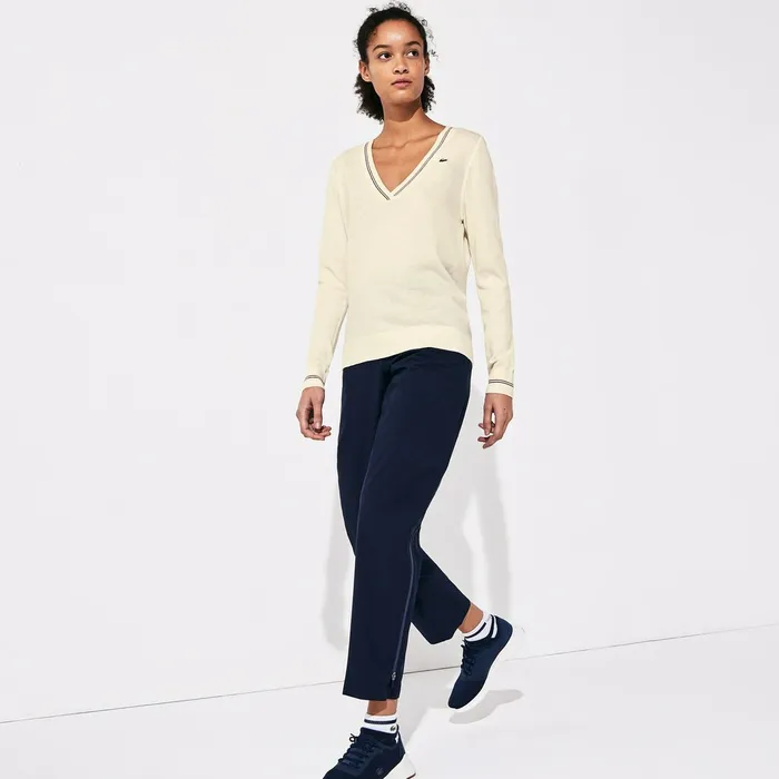 Sweaters and Sweatshirts Lacoste Womens SPORT Technical Wool Blend Golf Sweater WhiteNavy BlueRed For Sale