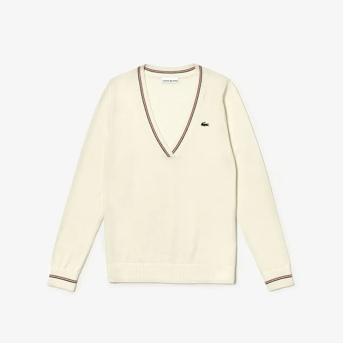 Sweaters and Sweatshirts Lacoste Womens SPORT Technical Wool Blend Golf Sweater WhiteNavy BlueRed For Sale