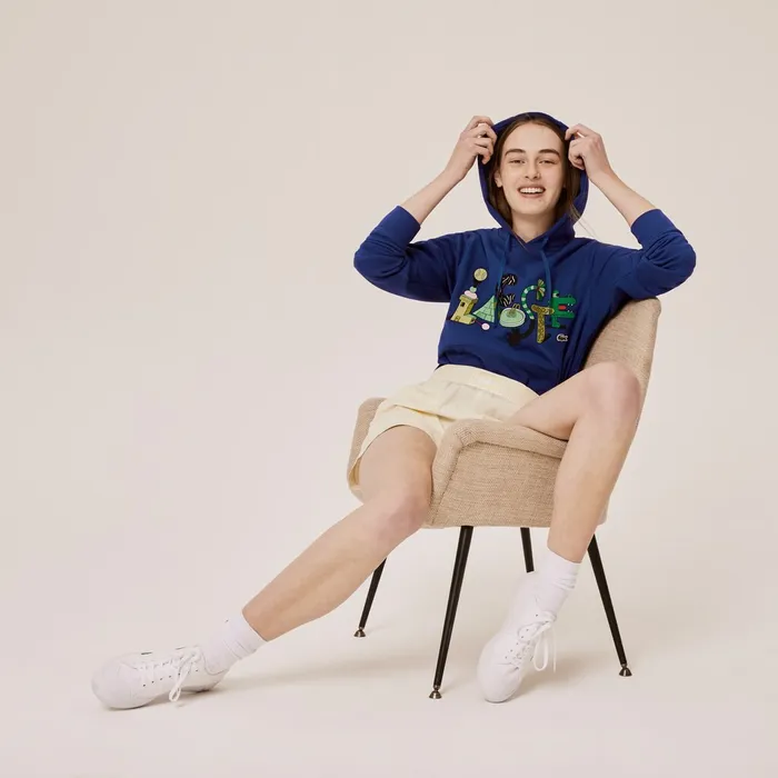 Sweaters and Sweatshirts Lacoste Womens Unisex x Jeremyville Print Hooded Sweatshirt Navy Blue USA
