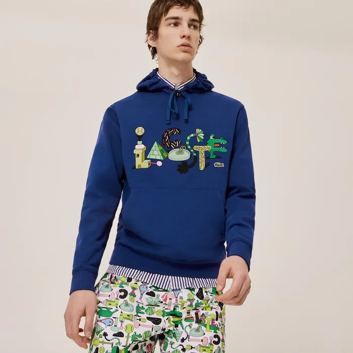Sweaters and Sweatshirts Lacoste Womens Unisex x Jeremyville Print Hooded Sweatshirt Navy Blue USA