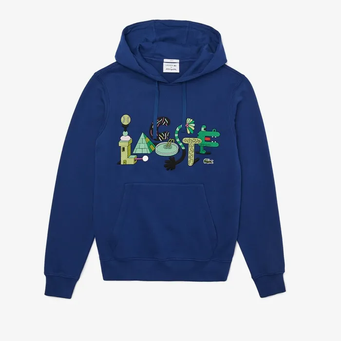 Sweaters and Sweatshirts Lacoste Womens Unisex x Jeremyville Print Hooded Sweatshirt Navy Blue USA