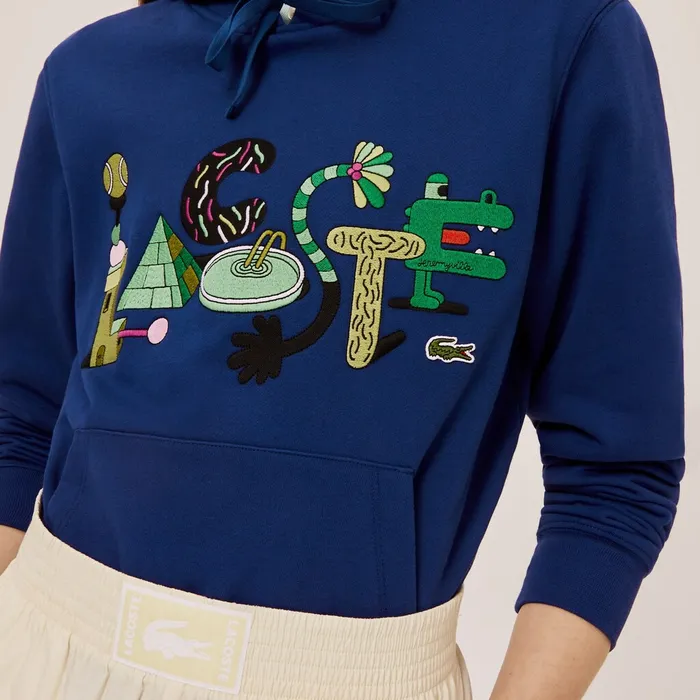 Sweaters and Sweatshirts Lacoste Womens Unisex x Jeremyville Print Hooded Sweatshirt Navy Blue USA