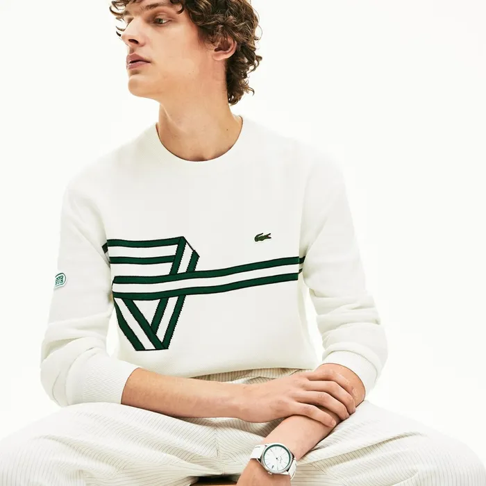 Sweaters Lacoste Mens Band Design Heritage Knit Sweater WhiteBlackGreenWhite Online Store