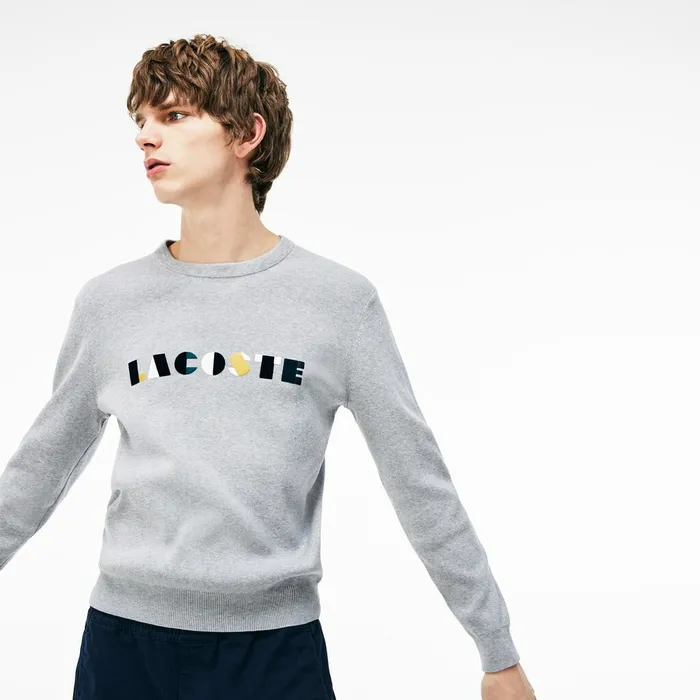 Sweaters Lacoste Mens Crew Neck Lettering Ribbed Pima Cotton Sweater GreyWhite Gift Ideas Sweaters Lacoste Mens Crew Neck Lettering Ribbed Pima Cotton Sweater GreyWhite Gift Ideas
