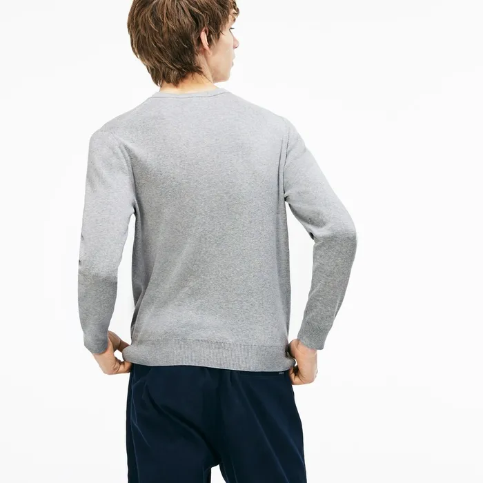 Sweaters Lacoste Mens Crew Neck Lettering Ribbed Pima Cotton Sweater GreyWhite Gift Ideas