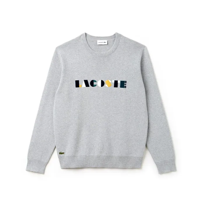 Sweaters Lacoste Mens Crew Neck Lettering Ribbed Pima Cotton Sweater GreyWhite Gift Ideas