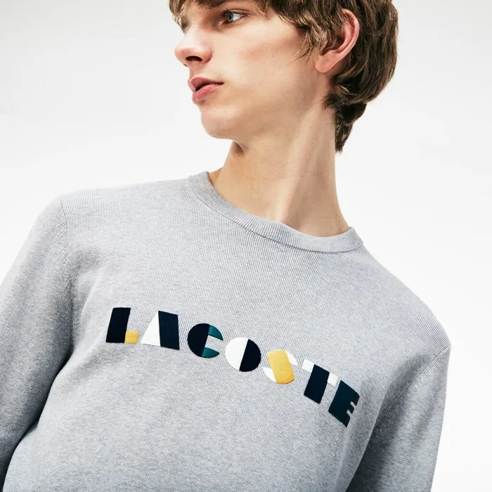 Sweaters Lacoste Mens Crew Neck Lettering Ribbed Pima Cotton Sweater GreyWhite Gift Ideas