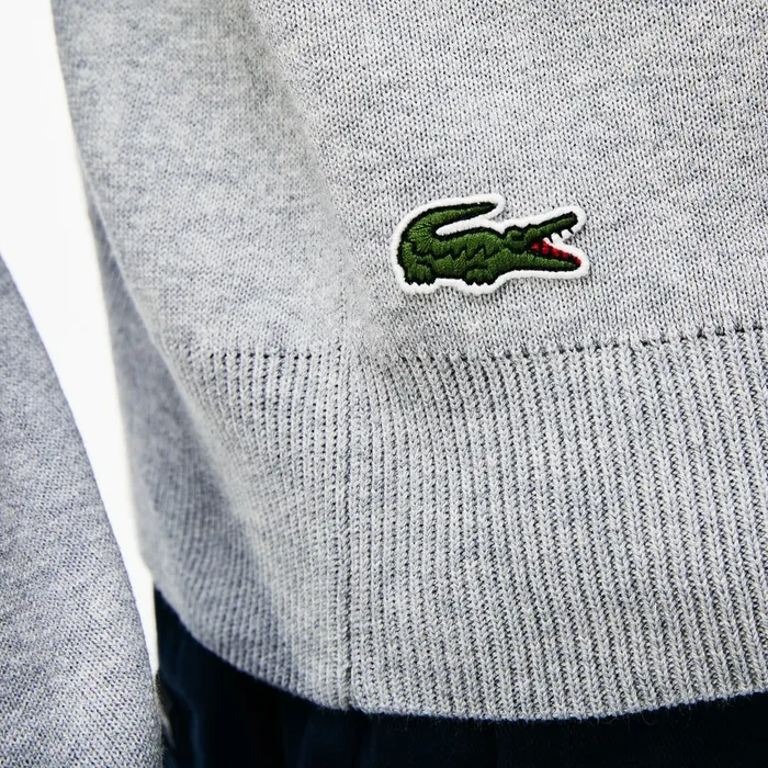 Sweaters Lacoste Mens Crew Neck Lettering Ribbed Pima Cotton Sweater GreyWhite Gift Ideas
