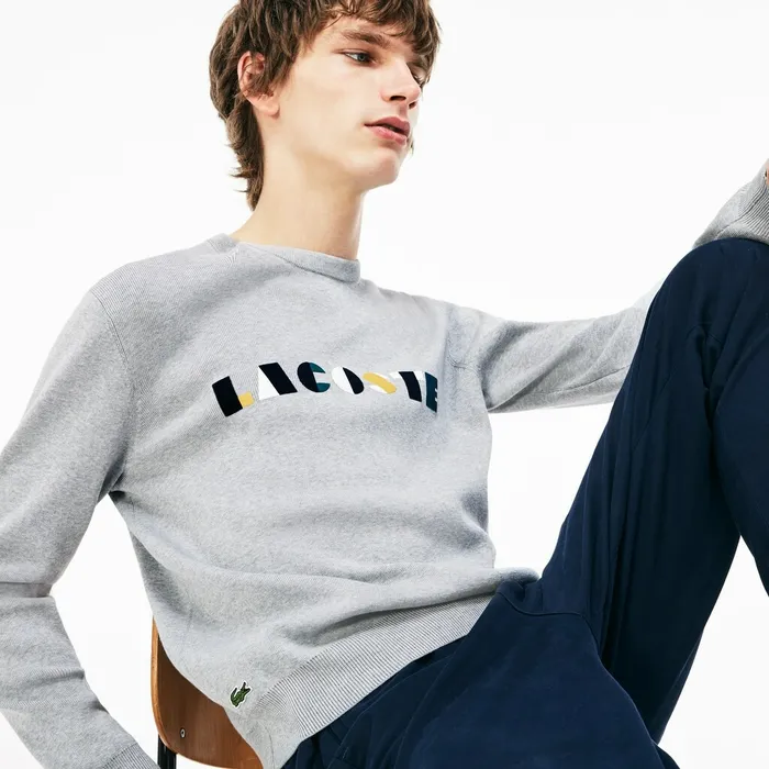 Sweaters Lacoste Mens Crew Neck Lettering Ribbed Pima Cotton Sweater GreyWhite Gift Ideas