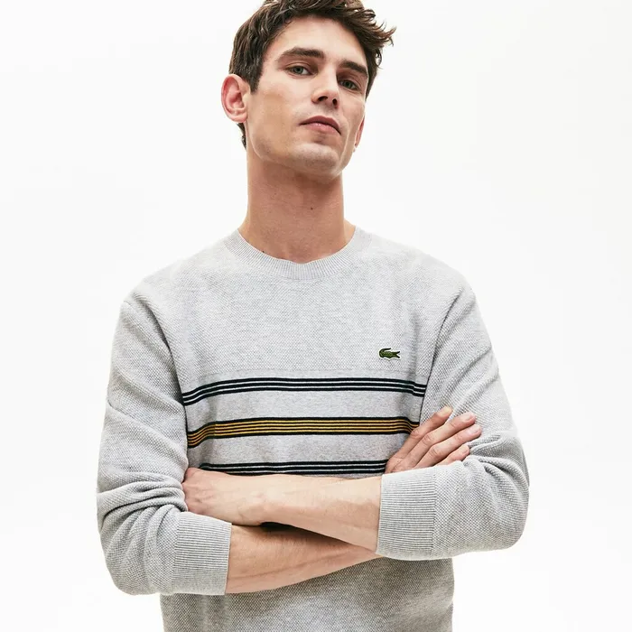 Sweaters Lacoste Mens Crewneck Striped Texturized Piqu Sweater Grey ChineNavy BlueYellow Shop Sweaters Lacoste Mens Crewneck Striped Texturized Piqu Sweater Grey ChineNavy BlueYellow Shop