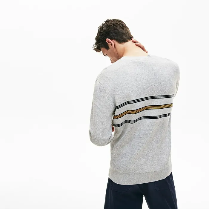 Sweaters Lacoste Mens Crewneck Striped Texturized Piqu Sweater Grey ChineNavy BlueYellow Shop