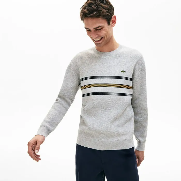 Sweaters Lacoste Mens Crewneck Striped Texturized Piqu Sweater Grey ChineNavy BlueYellow Shop