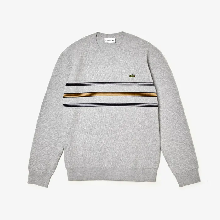 Sweaters Lacoste Mens Crewneck Striped Texturized Piqu Sweater Grey ChineNavy BlueYellow Shop