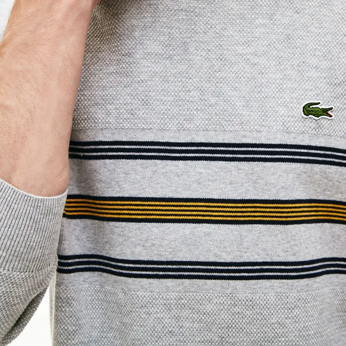 Sweaters Lacoste Mens Crewneck Striped Texturized Piqu Sweater Grey ChineNavy BlueYellow Shop
