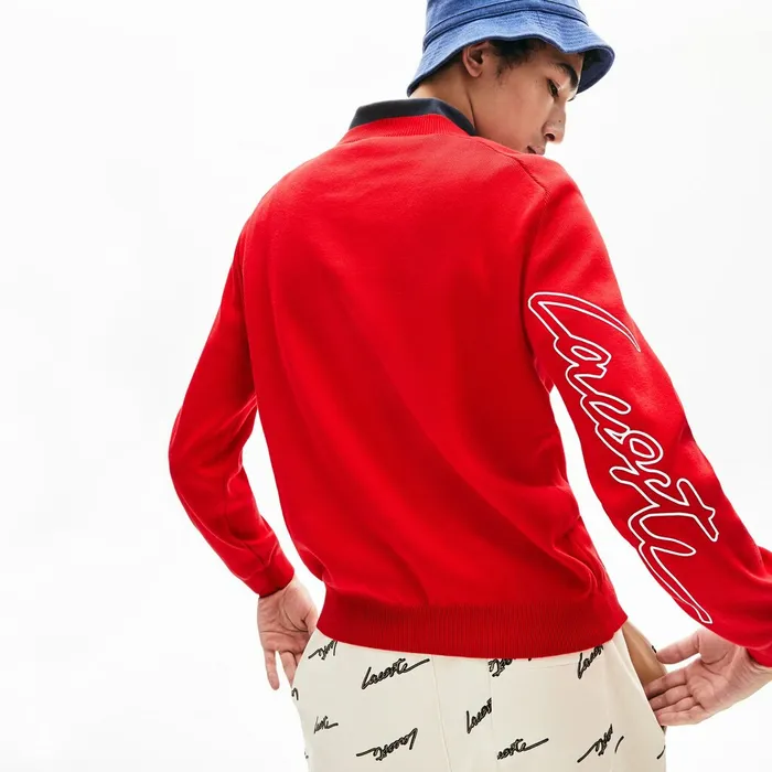 Sweaters Lacoste Mens LIVE Signature Cotton Crewneck Sweater RedWhite Shop