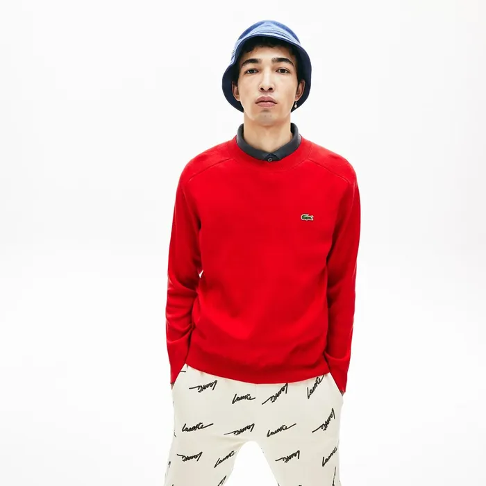 Sweaters Lacoste Mens LIVE Signature Cotton Crewneck Sweater RedWhite Shop