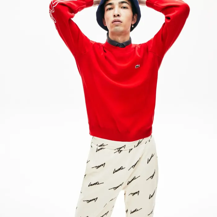 Sweaters Lacoste Mens LIVE Signature Cotton Crewneck Sweater RedWhite Shop