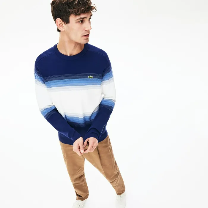 Sweaters Lacoste Mens Made In France Degraded Cotton Crew Neck Sweater Navy BlueBlueWhite Popular