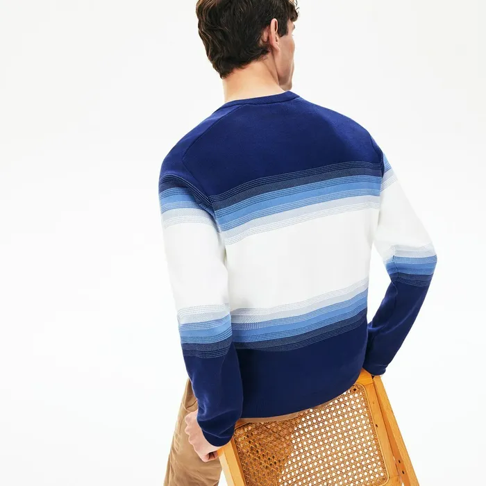 Sweaters Lacoste Mens Made In France Degraded Cotton Crew Neck Sweater Navy BlueBlueWhite Popular