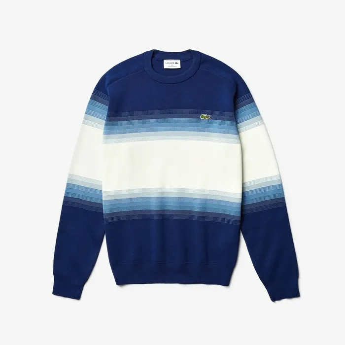 Sweaters Lacoste Mens Made In France Degraded Cotton Crew Neck Sweater Navy BlueBlueWhite Popular