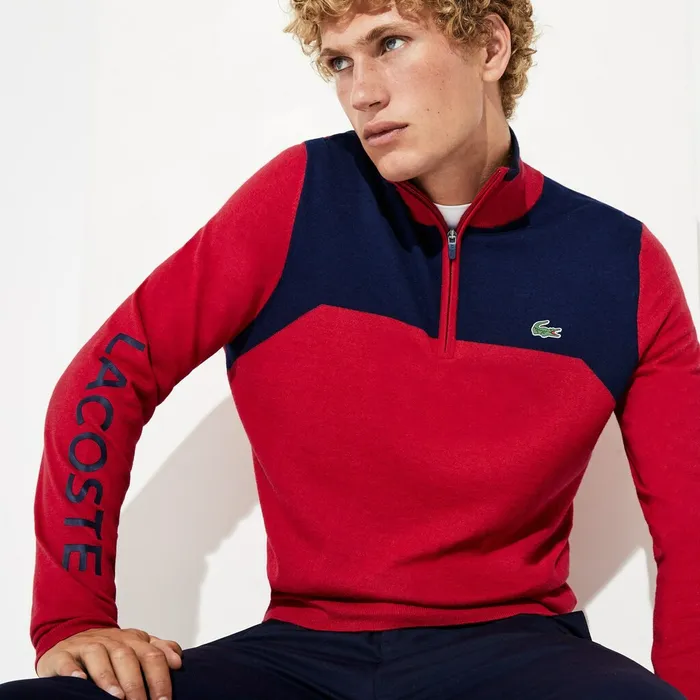 Sweaters Lacoste Mens SPORT ZipUp Technical Wool Sweater RedNavy Blue On Sale Sweaters Lacoste Mens SPORT ZipUp Technical Wool Sweater RedNavy Blue On Sale