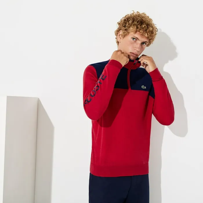 Sweaters Lacoste Mens SPORT ZipUp Technical Wool Sweater RedNavy Blue On Sale