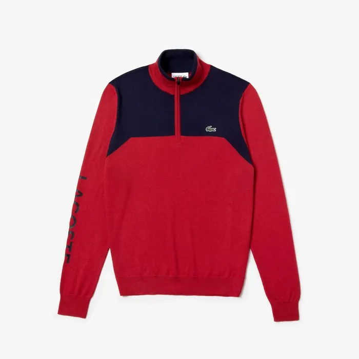 Sweaters Lacoste Mens SPORT ZipUp Technical Wool Sweater RedNavy Blue On Sale