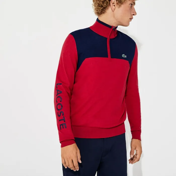Sweaters Lacoste Mens SPORT ZipUp Technical Wool Sweater RedNavy Blue On Sale