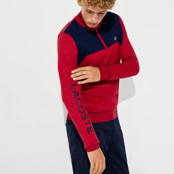 Sweaters Lacoste Mens SPORT ZipUp Technical Wool Sweater RedNavy Blue On Sale