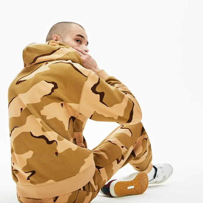 Sweatshirts Lacoste Mens LIVE Hooded Camo Print Fleece Sweatshirt BeigeWhite Store