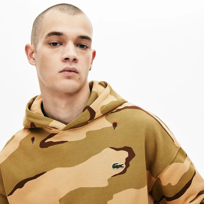 Sweatshirts Lacoste Mens LIVE Hooded Camo Print Fleece Sweatshirt BeigeWhite Store